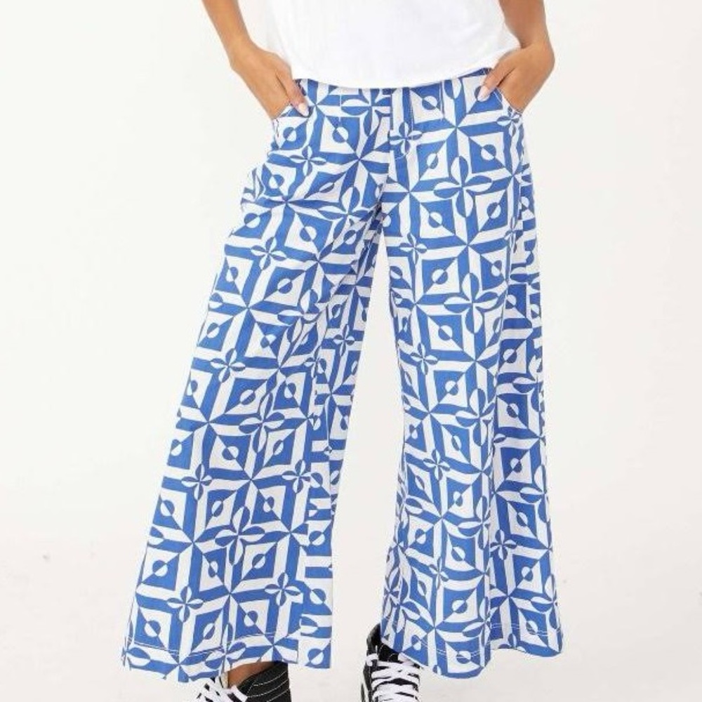 wide leg free people pants blue and white menorca